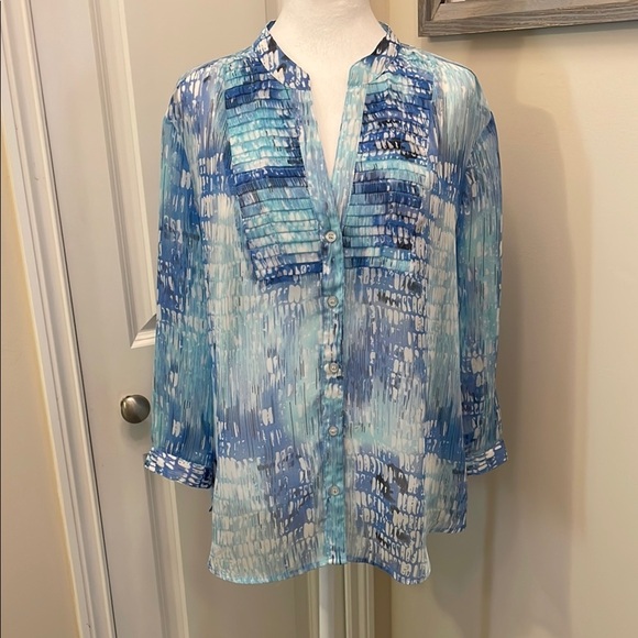 Chico's Tops - Chico's Blue Ruffled Blouse with Mandarin Collar, 3/4 Sleeves Button Up EUC